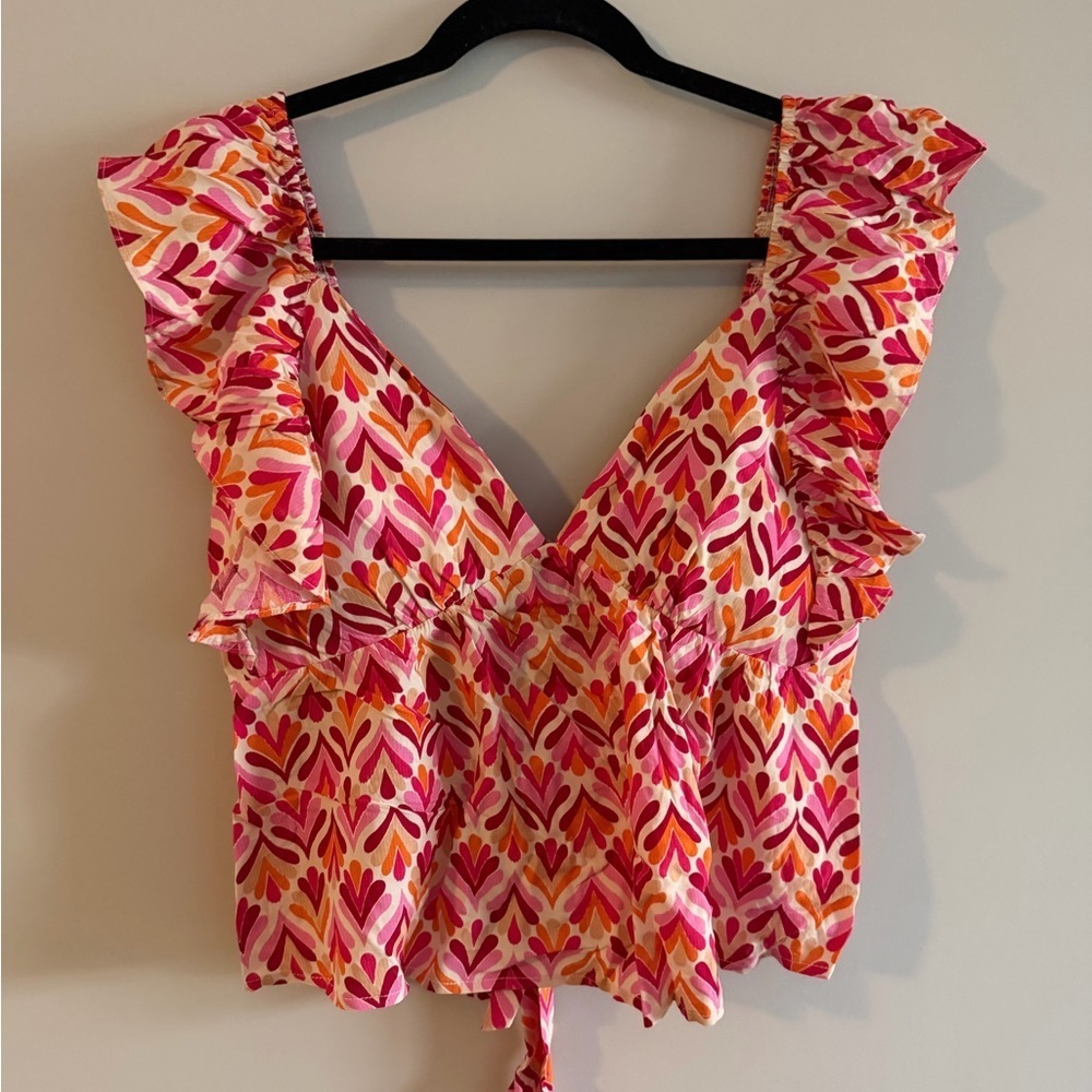 EASTER / SPRING TOP 💐PINK Lily Patterned Ruffle tie back babydoll Blouse